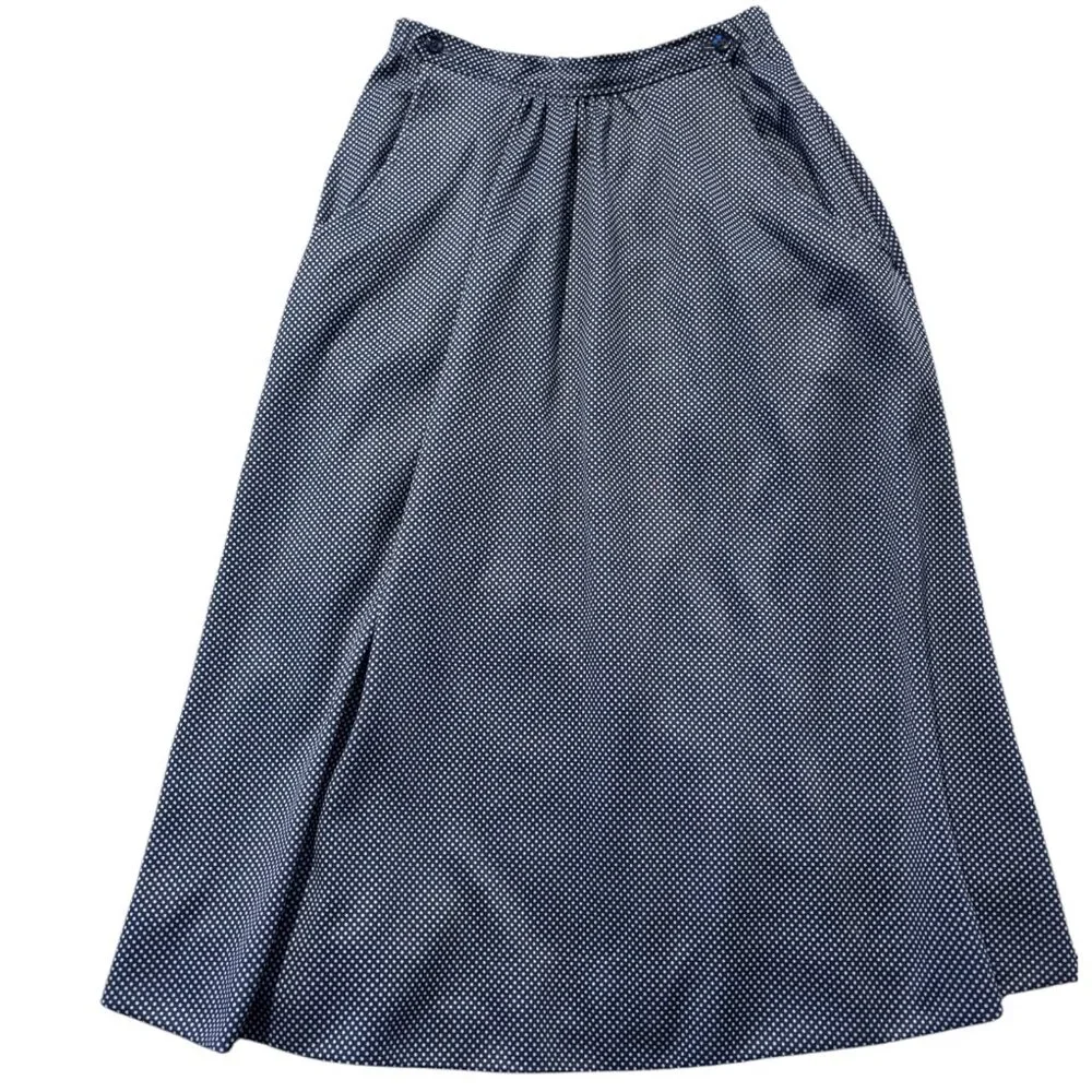 Vintage 70s 80s 2 pc navy‎ blue white micro polka dot blouse and skirt set sz S